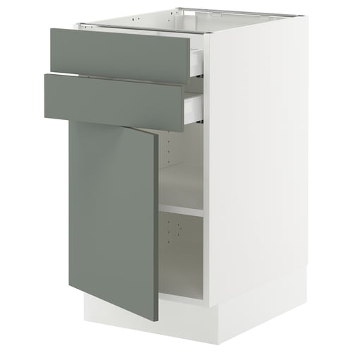 Ikea SEKTION kitchen unit with gray-green doors, white frame, and adjustable shelves.