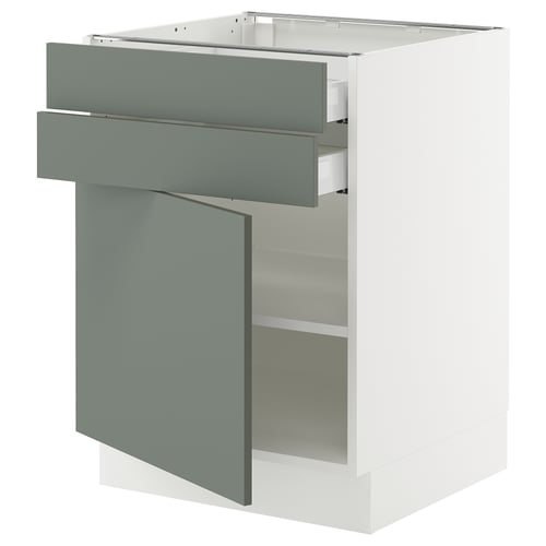 Modern kitchen cabinet with grey-green doors and drawers, white frame, and adjustable shelves.
