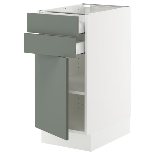 SEKTION kitchen cabinet with gray-green nickebo drawers and doors, featuring a modern design and adjustable shelves.