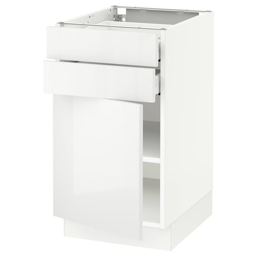 A white SEKTION kitchen cabinet with a drawer and open shelf. It high gloss doors and a sleek, modern design.