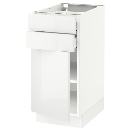 White high-gloss kitchen cabinet with drawers.