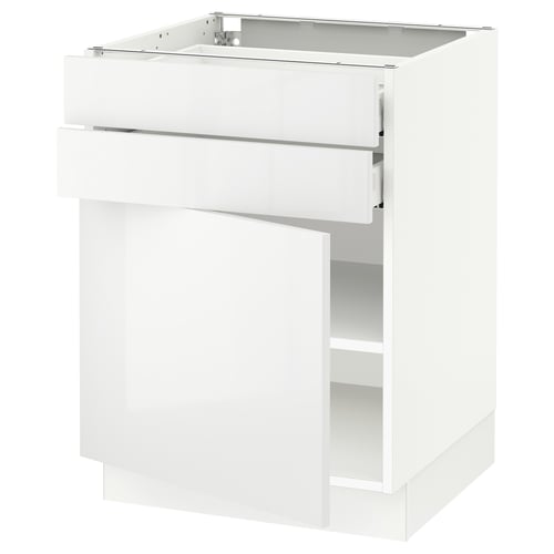 White kitchen cabinet with drawers and open shelf.