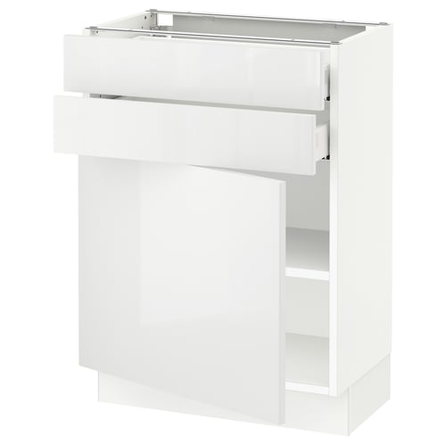 White high-gloss kitchen cabinet with drawer and shelves, modern design.
