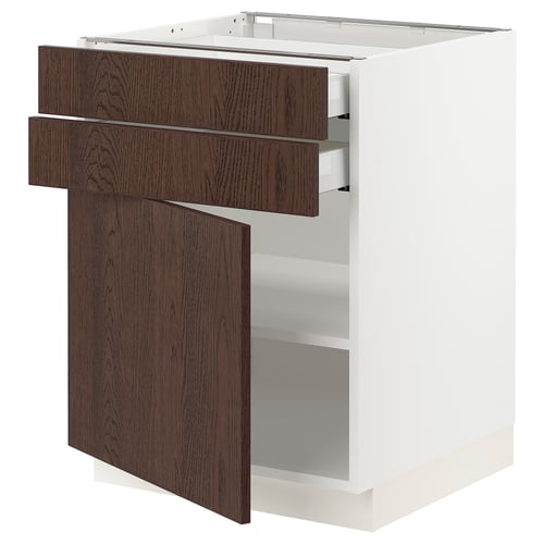SEKTION kitchen unit: white base, dark brown wooden drawers, two open drawers, one closed door.