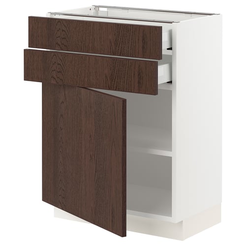 White SEKTION kitchen cabinet with dark brown wood drawers and door, featuring sleek handles and sturdy construction.