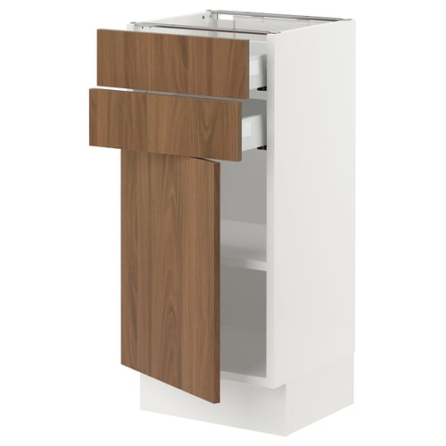 White SEKTION kitchen cabinet with walnut drawers and door, modern minimalist design.