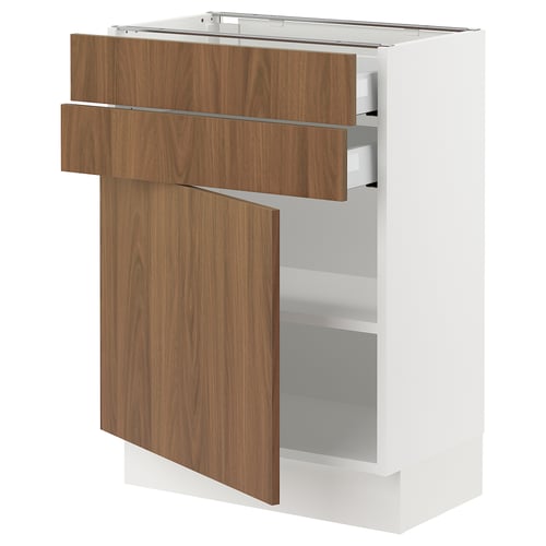 SEKTION modern kitchen unit with walnut-brown tistorp doors, smooth surface, and silver handles. White base with adjustable shelves and drawers.