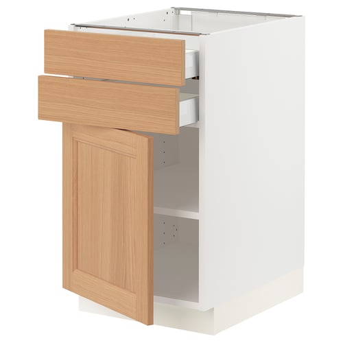SEKTION kitchen cabinet in white with oak drawers and door, contemporary design.