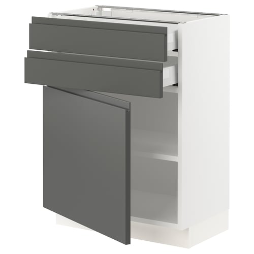 Modern kitchen cabinet in white with dark grey handles, featuring two drawers and one door, with a sleek and minimalist design.