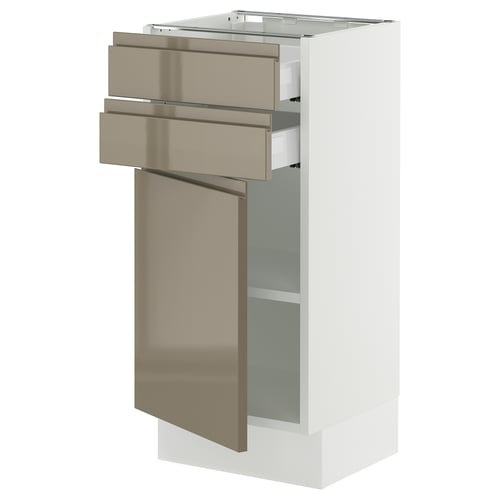 Modern white kitchen cabinet with high-gloss gray-brown drawers and door, stainless steel handles, and adjustable shelves.