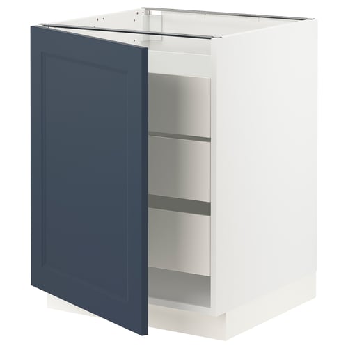 Ikea SEKTION kitchen cabinet, freestanding, white, with blue door, rectangular, minimalist design, soft-close hinges.