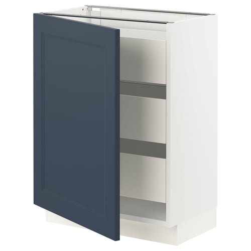 SEKTION white kitchen cabinet with blue door, three shelves, and hinges.