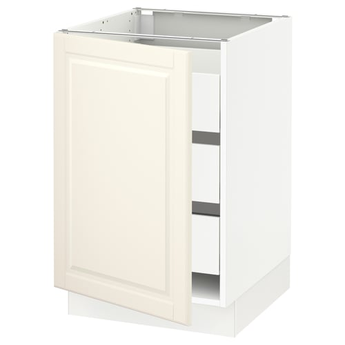 Off-white SEKTION base cabinet from IKEA; modern kitchen unit with flat, beveled-door design.
