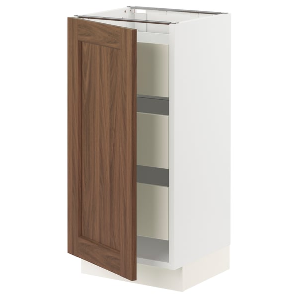 SEKTION / MAXIMERA Base cabinet with 1 door/3 drawers, white Enköping/brown walnut effect, 15x15x30 "