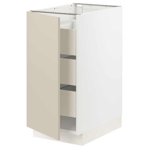 SEKTION kitchen cabinet, beige, modern, three shelves, white interior.