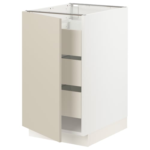 An off-white SEKTION kitchen cabinet with beige havstorp doors and three shelves.