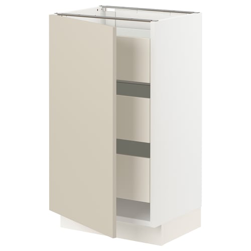 An ikea SEKTION kitchen cabinet with a beige havstorp door, featuring a smooth, clean design with three shelves inside and a modern aesthetic.