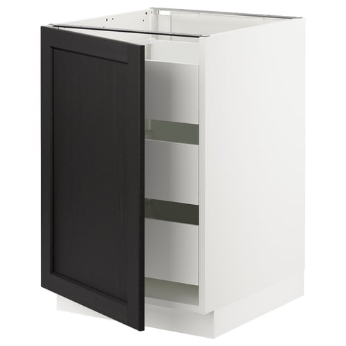 Modern kitchen cabinet with one dark grey door open, showing shelves.