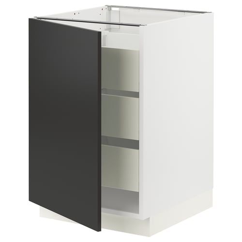 Modern kitchen cabinet in white and black. It glass shelves, a dark door with snap-on hinges for silent closing. Rectangular shape with sleek design.