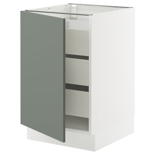 Modern kitchen cabinet, SEKTION in grey-green, with minimalist design, white frame, adjustable hinges, and three internal shelves.