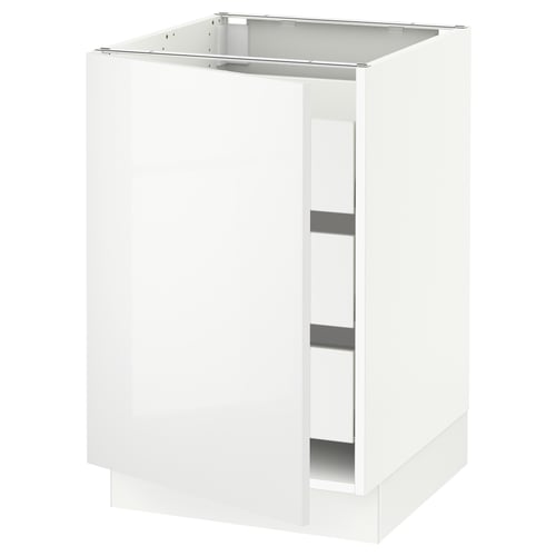 White high-gloss kitchen cabinet, modern design with smooth surfaces, three interior shelves, sturdy and sleek.