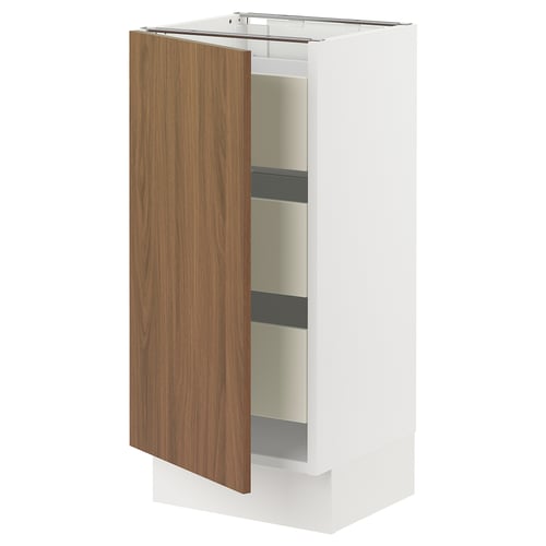 Modern kitchen cabinet, white and walnut, single door open, wooden grain finish, integrated hinge.