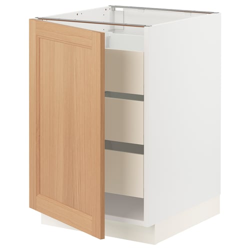 SEKTION kitchen cabinet with oak door, white base, three shelves.