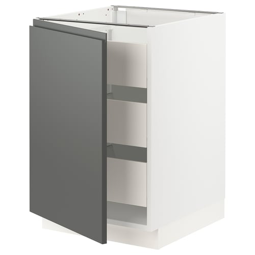 A grey and white modern kitchen cabinet with a grey door partially open, revealing shelves inside.