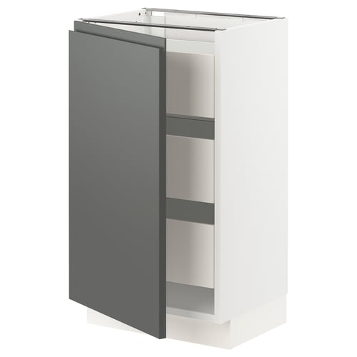An ikea SEKTION kitchen cabinet with a dark grey voxtorp door and a white base. It has a modern, minimalist design with integrated handles.