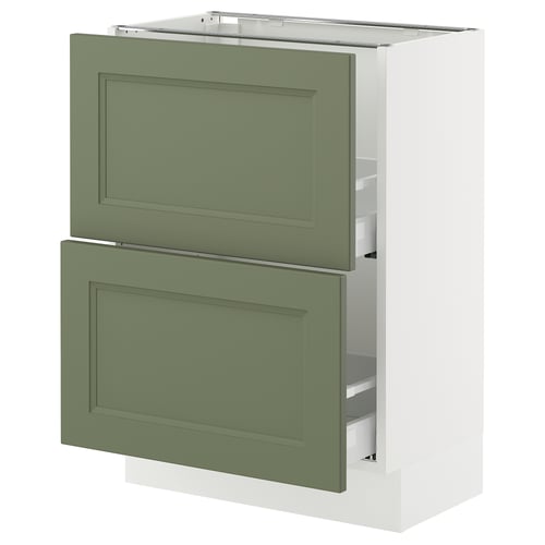 Green-white kitchen cabinet with drawers, modern design, sturdy frame.
