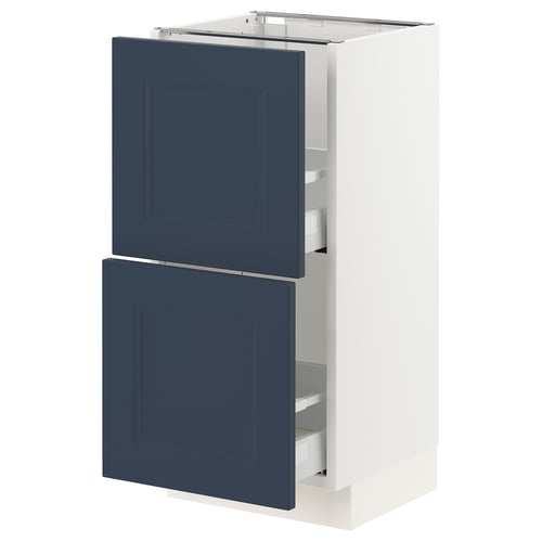 An ikea SEKTION kitchen cabinet in white with blue drawers. It a sturdy frame and smooth-running drawers.