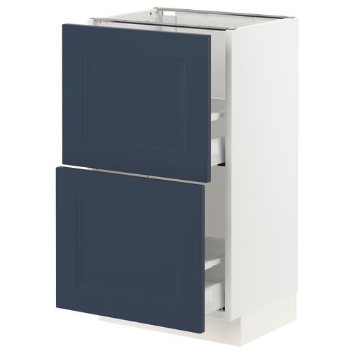 A SEKTION kitchen cabinet in white with blue axstad fronts, featuring a sleek, rectangular design with two drawers and a cabinet section.