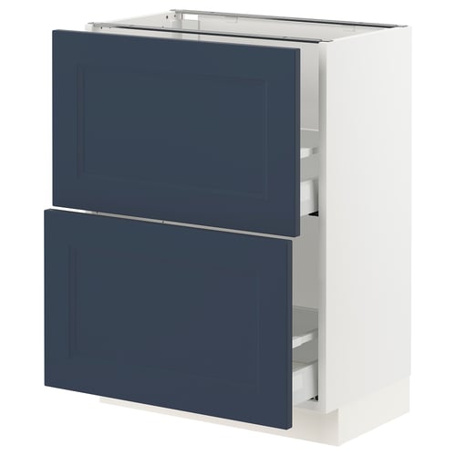 SEKTION blue kitchen cabinet with drawers, modern style, white frame, metal racks.