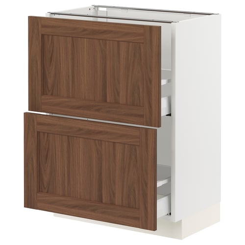 An ikea SEKTION kitchen cabinet with wooden finish and white frame. It has a square shape with two drawers on the bottom and shelves on top.