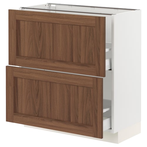 An ikea SEKTION base kitchen cabinet with walnut-colored wood grain doors and a white frame. It has two drawers with smooth, slow-close mechanisms.