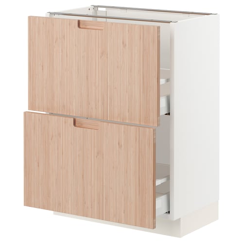 An ikea SEKTION kitchen cabinet with natural bamboo doors and a white base. It has two drawers and a single door.