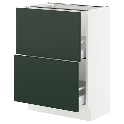 SEKTION kitchen cabinet in green with two drawers and white sides.