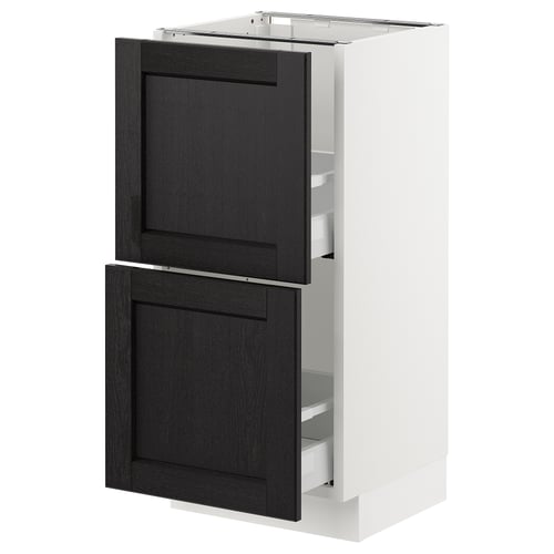 White SEKTION kitchen cabinet with black-stained doors and two bevelled drawers.