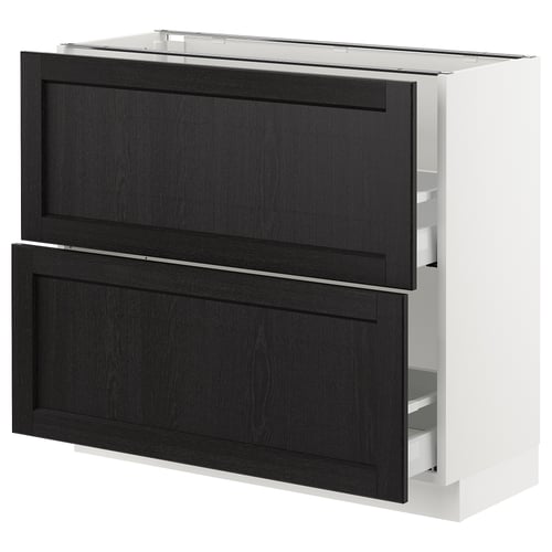 SEKTION kitchen unit in black with wooden drawers.