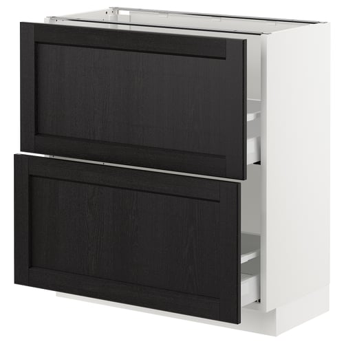 Modern two-tone kitchen cabinet with black-stained wooden drawers and white frame, designed by IKEA.