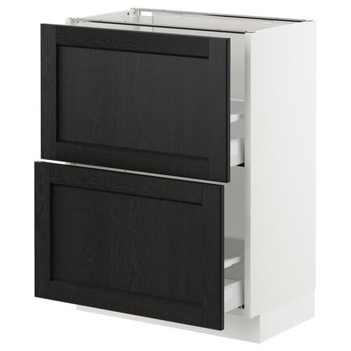 An ikea SEKTION kitchen cabinet in white with black stained wooden drawers and doors, featuring a sleek, modern design with beveled edges.