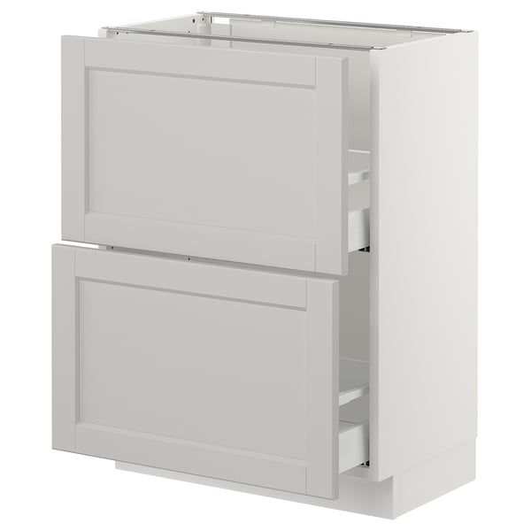 A white SEKTION kitchen cabinet with grey lerhyttan doors, featuring a classic design with bevelled edges and two drawers.