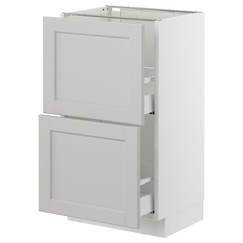 A SEKTION kitchen cabinet with white lerhyttan fronts, featuring two drawers and a door.