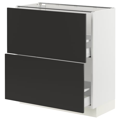 Modern kitchen cabinet, black, white frame, sleek design, with multiple drawers.