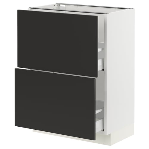 Modern black-white kitchen cabinet with two drawers and shelves.
