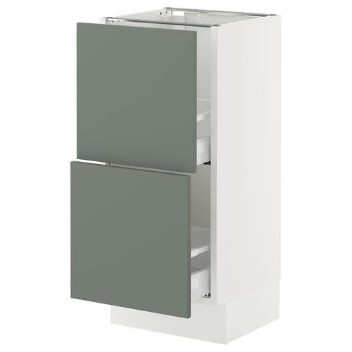 Modern kitchen unit: SEKTION, grey-green, metal drawers, white base.