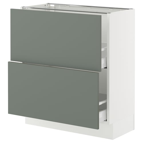 An ikea SEKTION kitchen cabinet with gray-green nickeby drawers in a modern design.