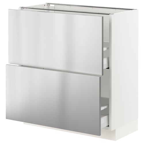 An ikea SEKTION kitchen cabinet in white with stainless steel doors, featuring a sleek, modern design.