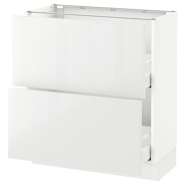 White high-gloss kitchen cabinet with smooth drawers.