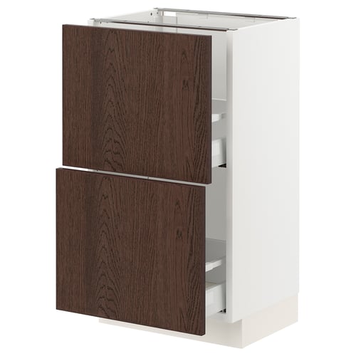 SEKTION kitchen cabinet, dark brown wood trim, white base, two drawers.